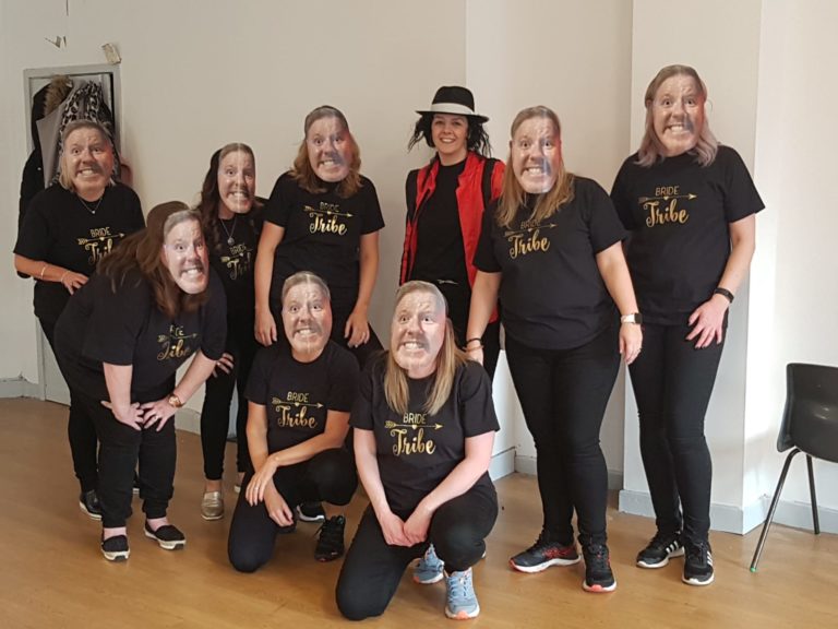 Group performing Thriller choreography at Michael Jackson hen party dance class Glasgow